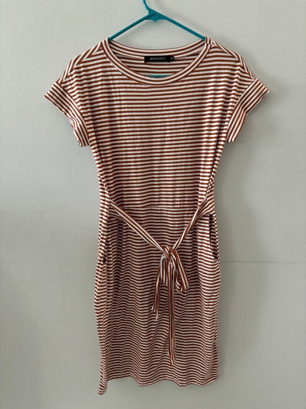 Merokeety Dress Women's Small Striped T-shirt Tie Waist Short Sleeve Pockets